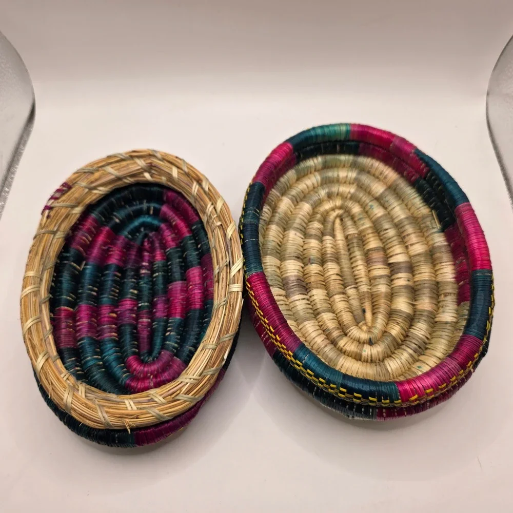 Handwoven Coiled Grass Muday Basket Ethiopian‎ Pink Green Yellow Boho Lidded Box